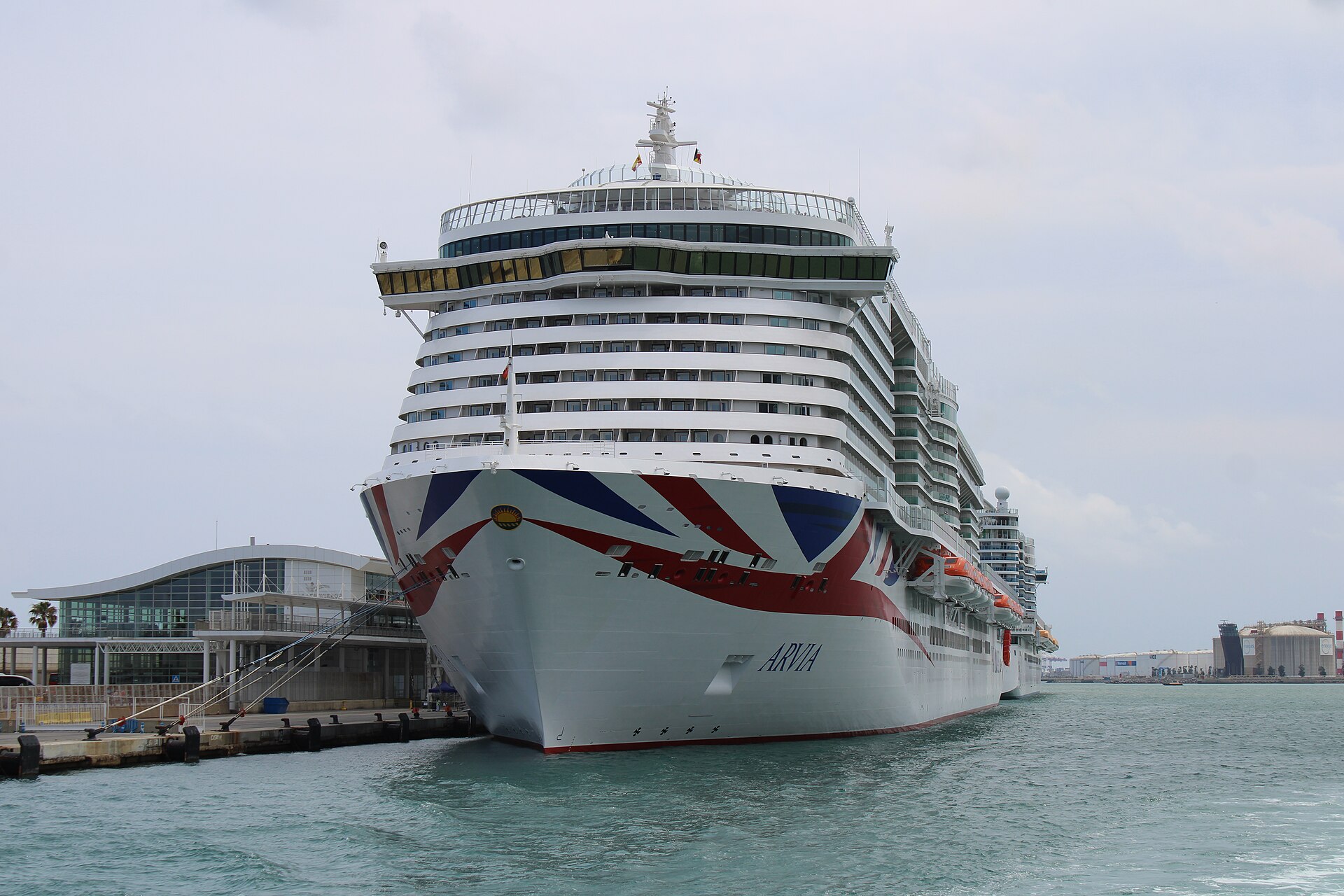 The P&O Cruises ship Arvia seen from the front while berthed