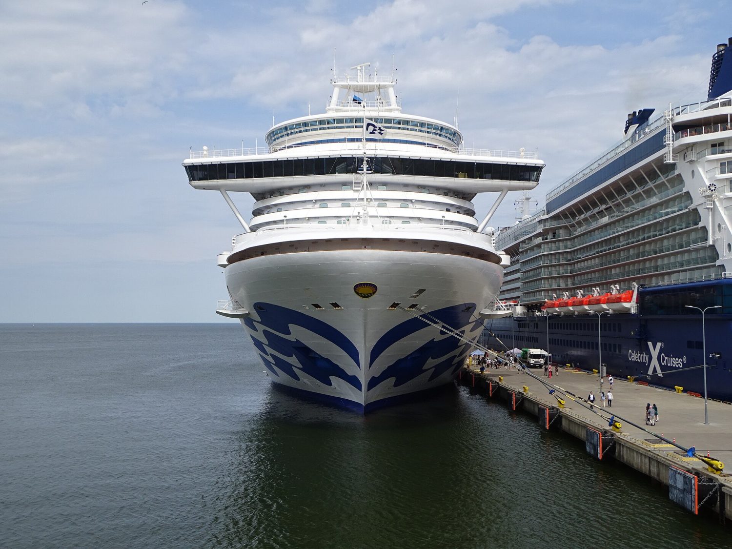 The Princess Cruises ship Crown Princess seen bow-on alongside a cruise pier