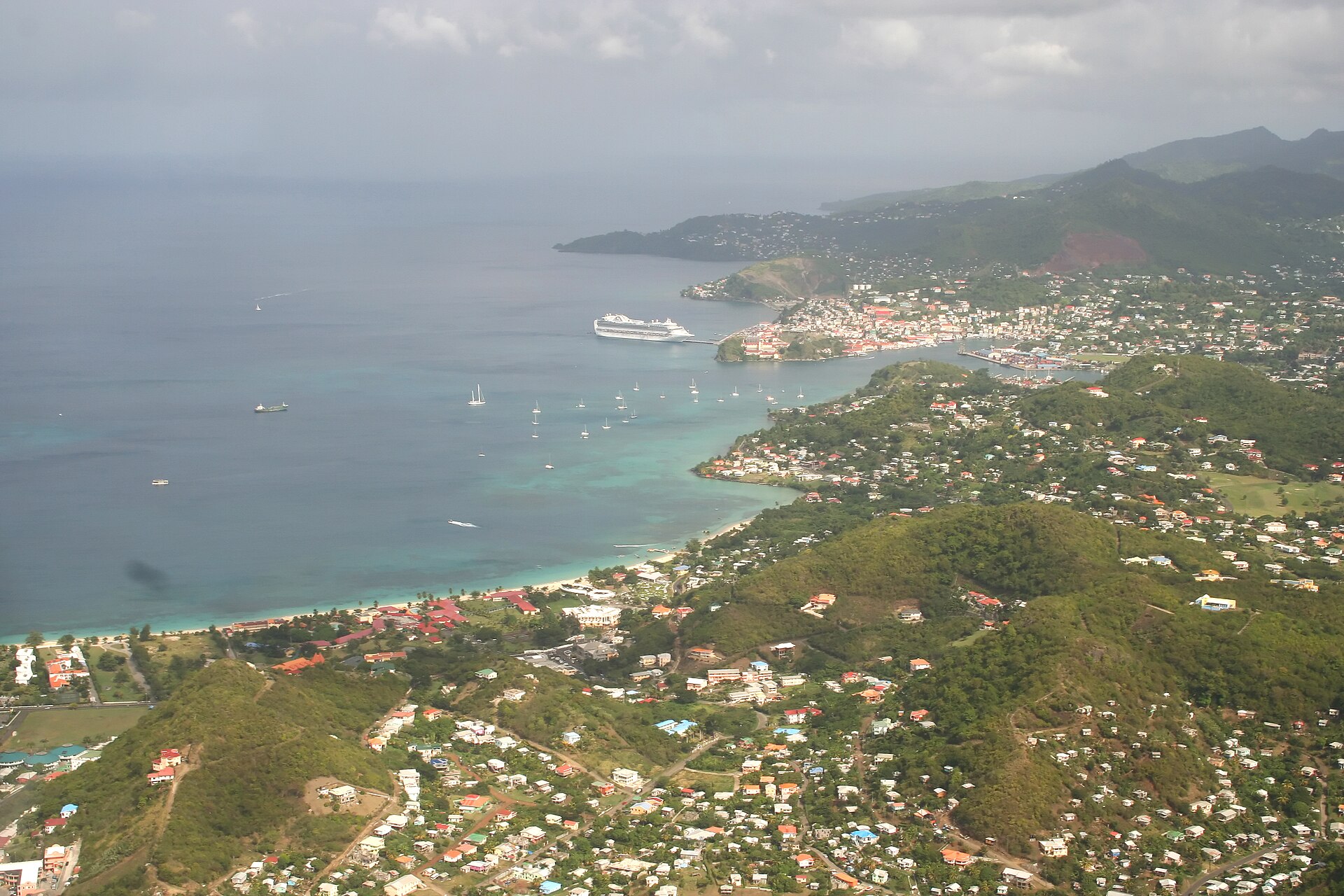 Aerial view of Grand Anse bay and St. George's, Grenada, from the hills above the coast