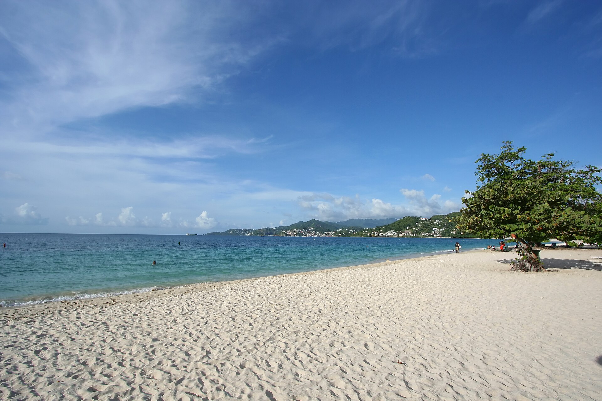 A wide stretch of white sand and calm turquoise water at Grand Anse beach, Grenada
