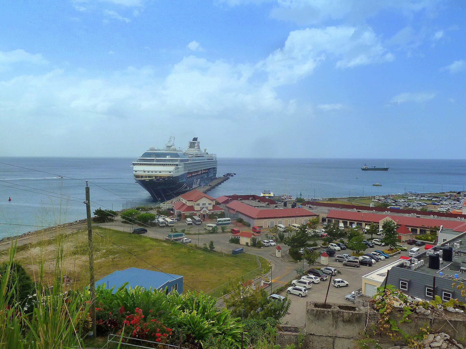 A cruise ship berthed at the terminal in St. George's, Grenada, seen from above