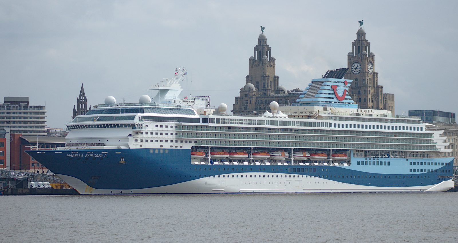 Marella Explorer 2 berthed at Liverpool Cruise Terminal, with her name visible on the bow