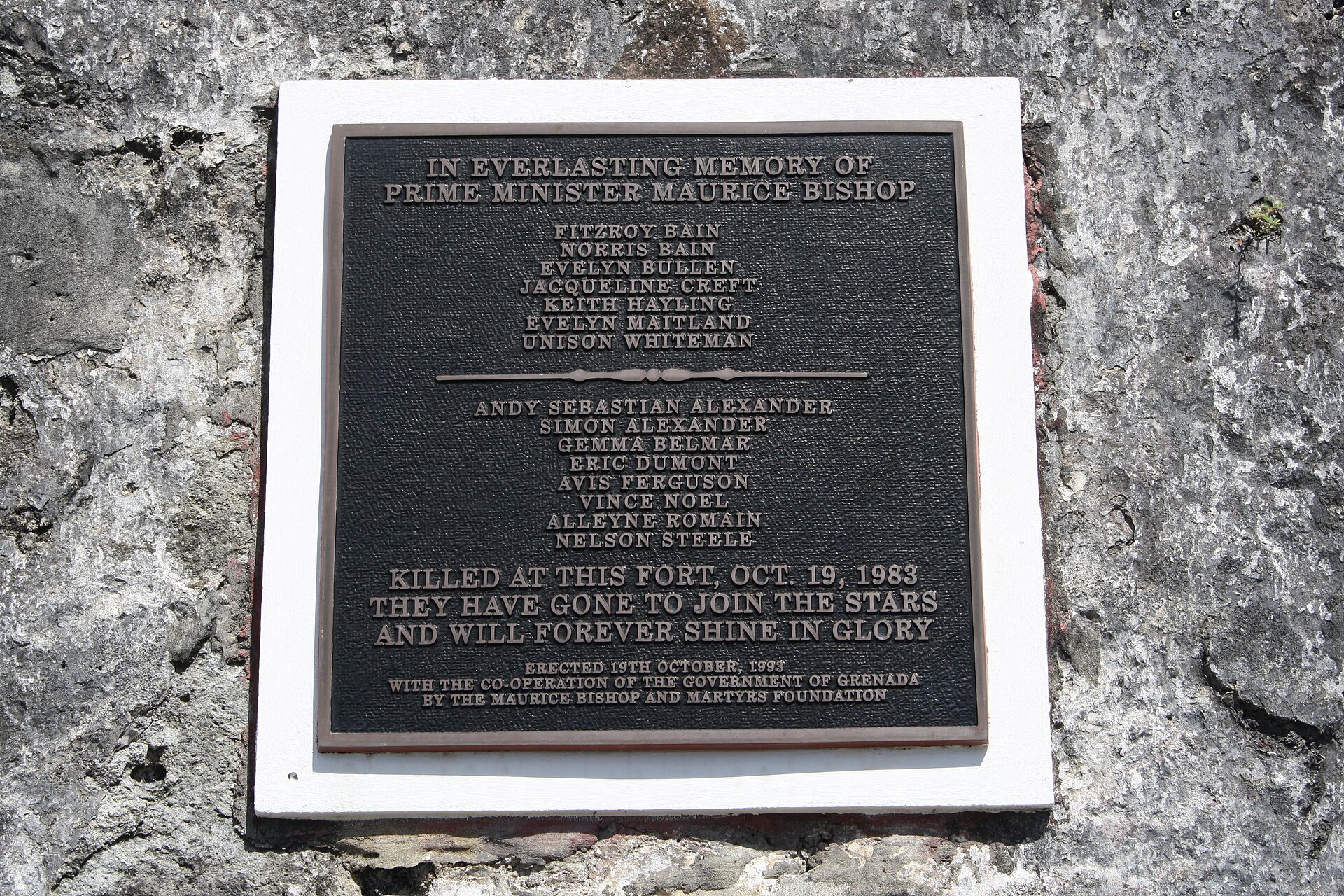 Memorial plaque to Maurice Bishop at Fort George, Grenada