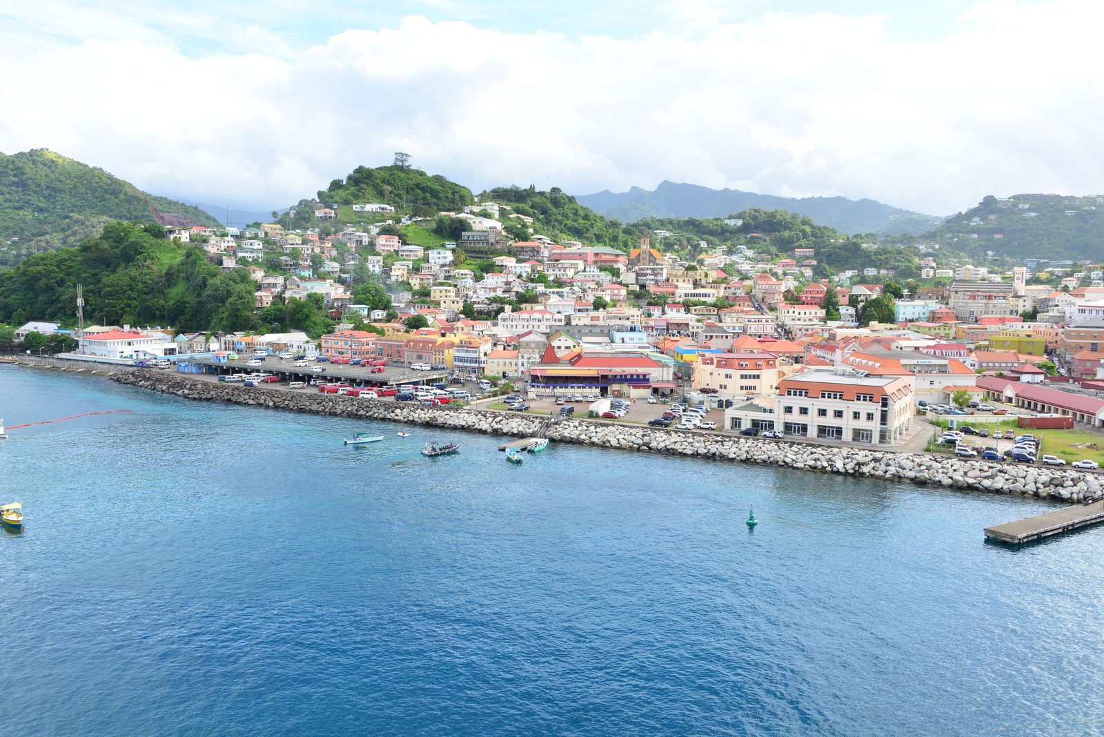 The Melville Street waterfront at St. George's, Grenada, seen from the harbour with the town rising behind