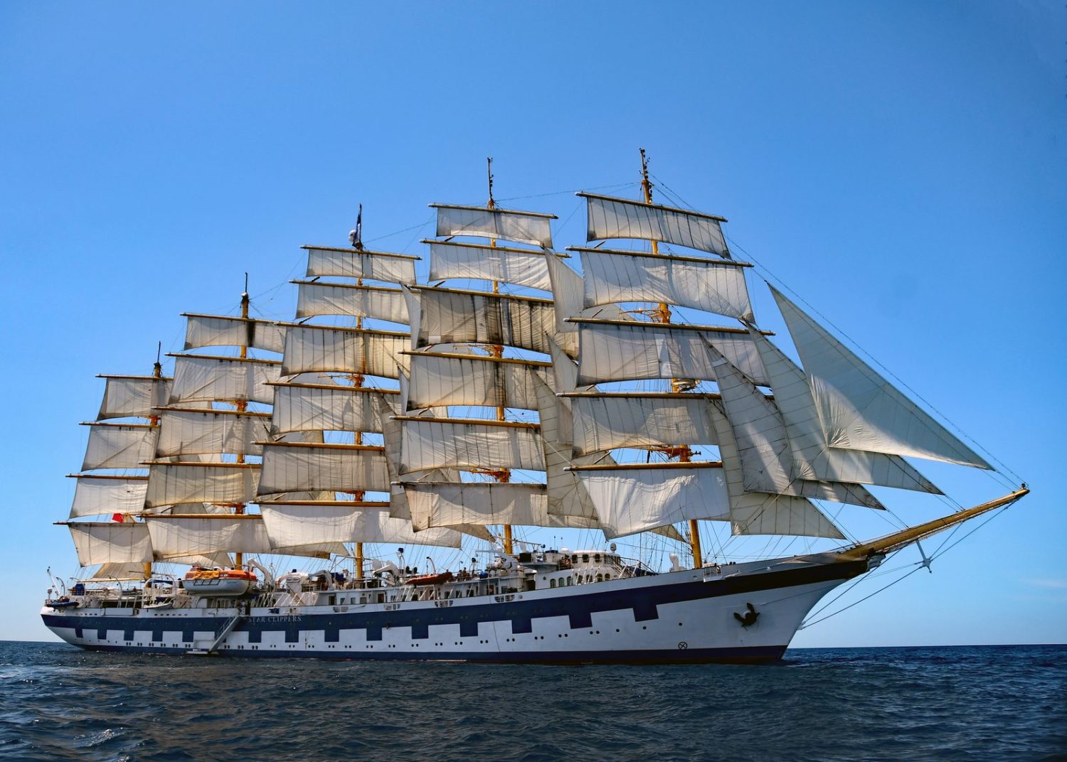 The five-masted sailing ship Royal Clipper under full sail at sea